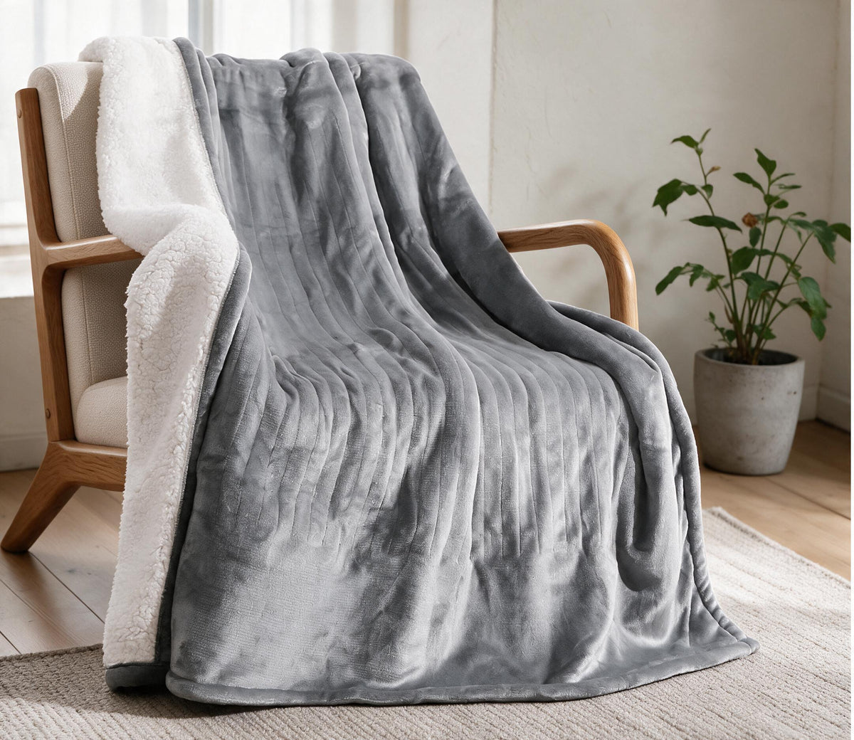 PopCloak Sherpa Heated Blanket in Light Gray draped over an armchair